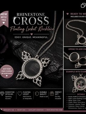 Rhinestone Cross Floating Locket Necklace - Silver